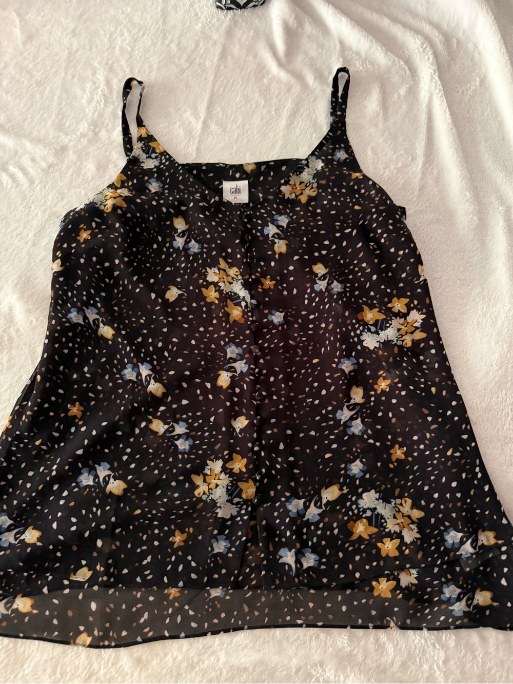 CAbi Cluster Cami Black With Floral Print Tiered Sheer Blouse M - Picture 2 of 9